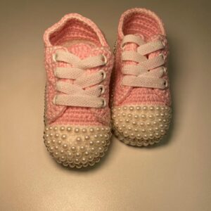 Tênis Baby Tricot Rosa com Pérolas